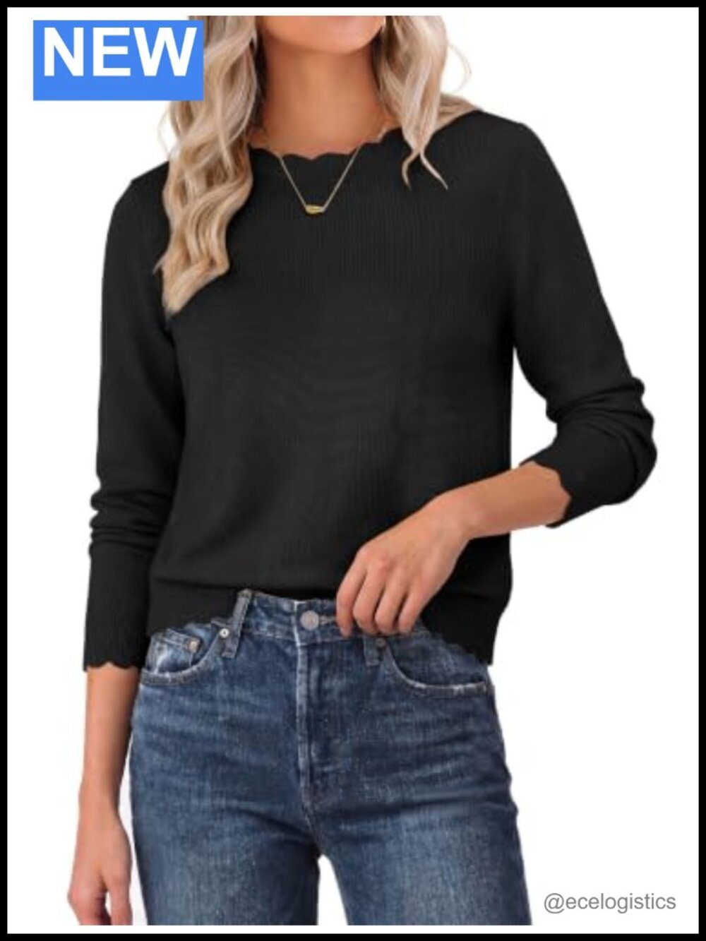 Cropped Crew Neck Scalloped Knit Pullover Sweater Business Casual Tops